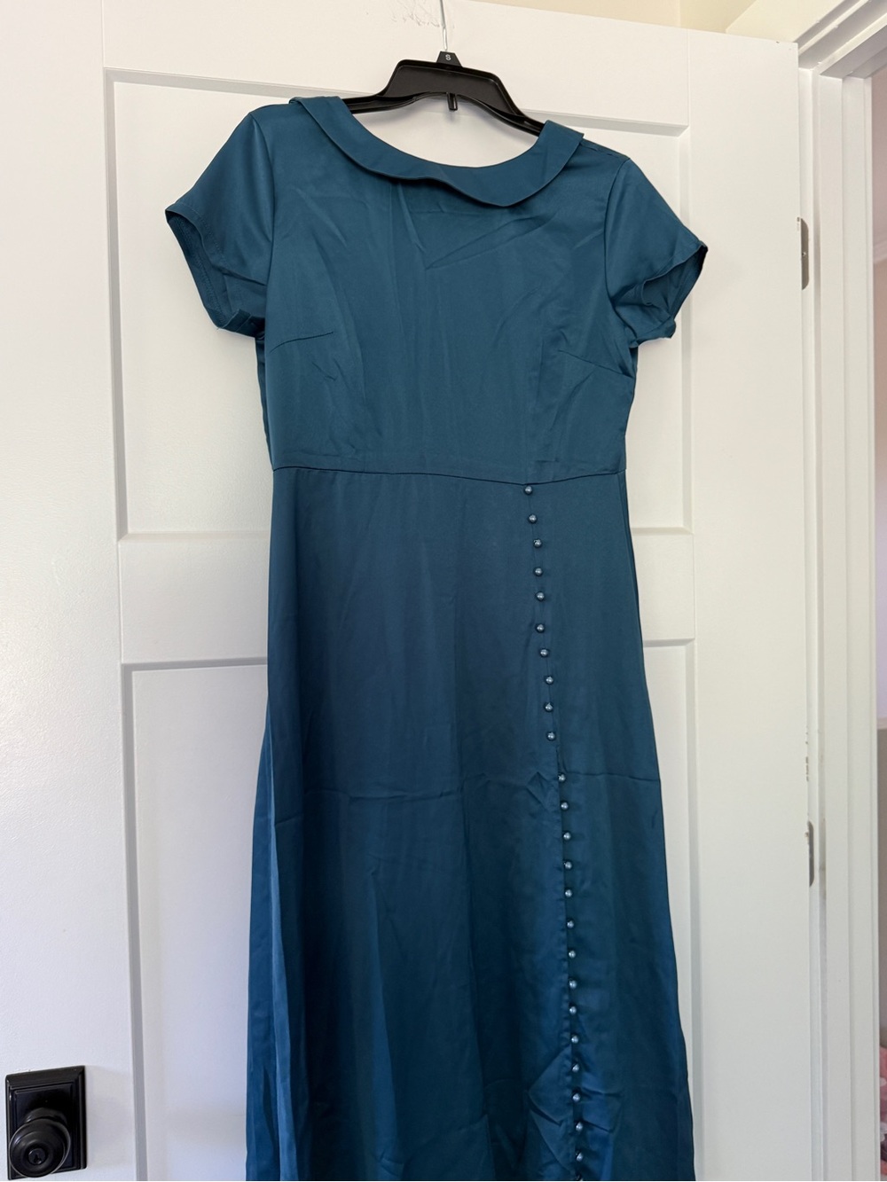 Teal Short-Sleeve Midi Dress with Peter Pan Collar
